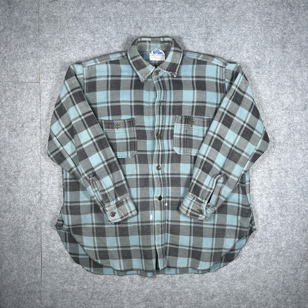 True Vintage Champion Button Down Shirt Mens Large Blue Grey Plaid 70s Flannel